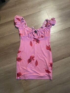 Forever 21 Pink Cherry Print Puff Sleeve Dress